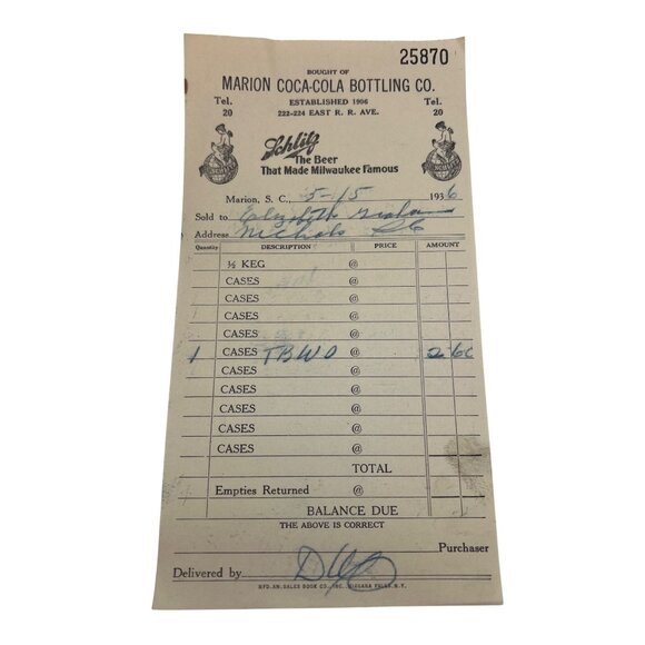 1936 Marion Coca-Cola Schlitz Bottling Receipts Lot of 3 SC Beer Ephemera - Picture 5 of 5